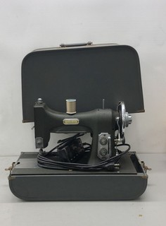 Vintage White Rotary Electric Sewing Machine Green Crinkle Finish with Case