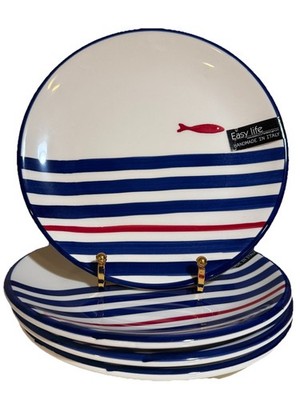 4 ct Easy Life 8'' Salad Plates Nautical Fish Coastal Italy Blue Stripe Ceramic