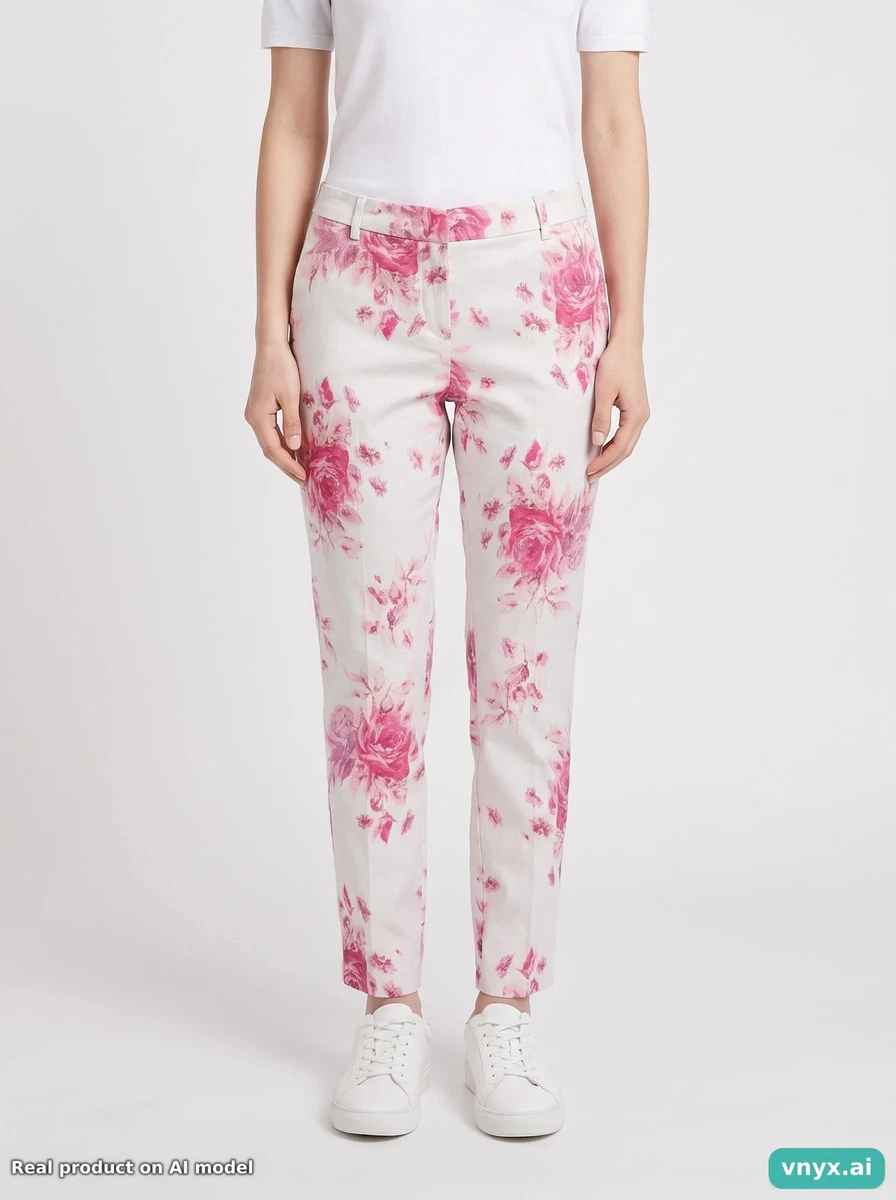 H&m Pantalones Mujer Talla W34 Cream with Pink Floral Algodón Vintage