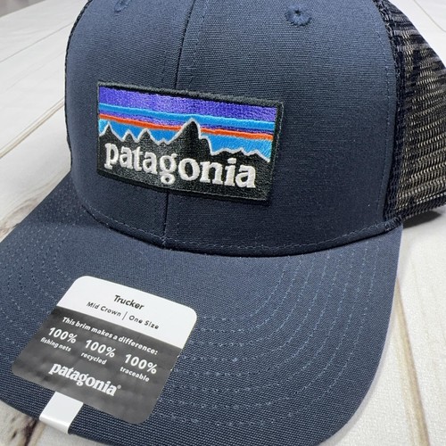 Patagonia P-6 Logo Trucker Hat Mens OS Navy Blue Mesh Snapback Cap NEW $39