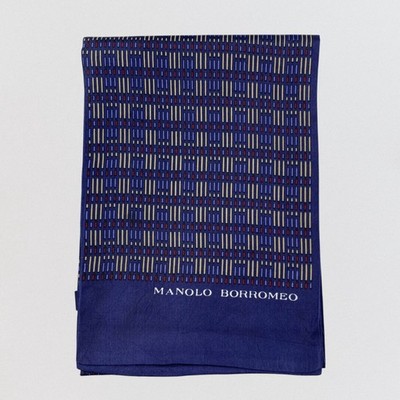 Vintage Manolo Borromeo Silk Scarf Blue Geometric Pattern Made in Japan 48x8.5''