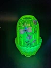 Fenton Vaseline Glass Lily Trail Fairy Lamp Topaz GLOW Dragonfly Floral SEE PICS