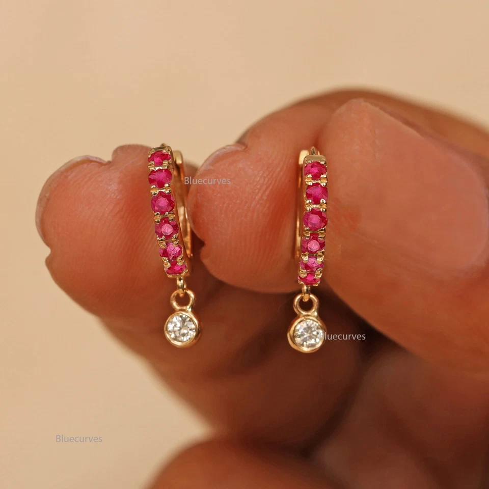 Ruby & Diamond Drop Huggies Hoop Earrings In 14K Yellow Gold Anniversary Gift - Image 2 of 3