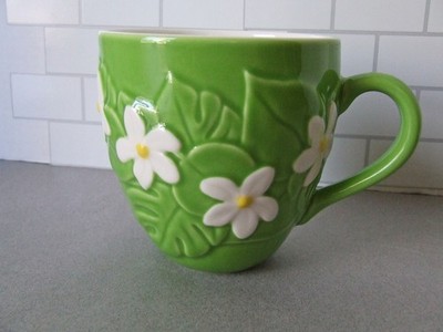 Starbucks Coffee Cup / Raised Relief Green Leaves w/ White Flowers 14 oz.