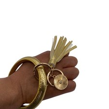 Yellow Gold Leather Tassel Bangle Keychain With Sunburst Charm Keyring Wrisltet