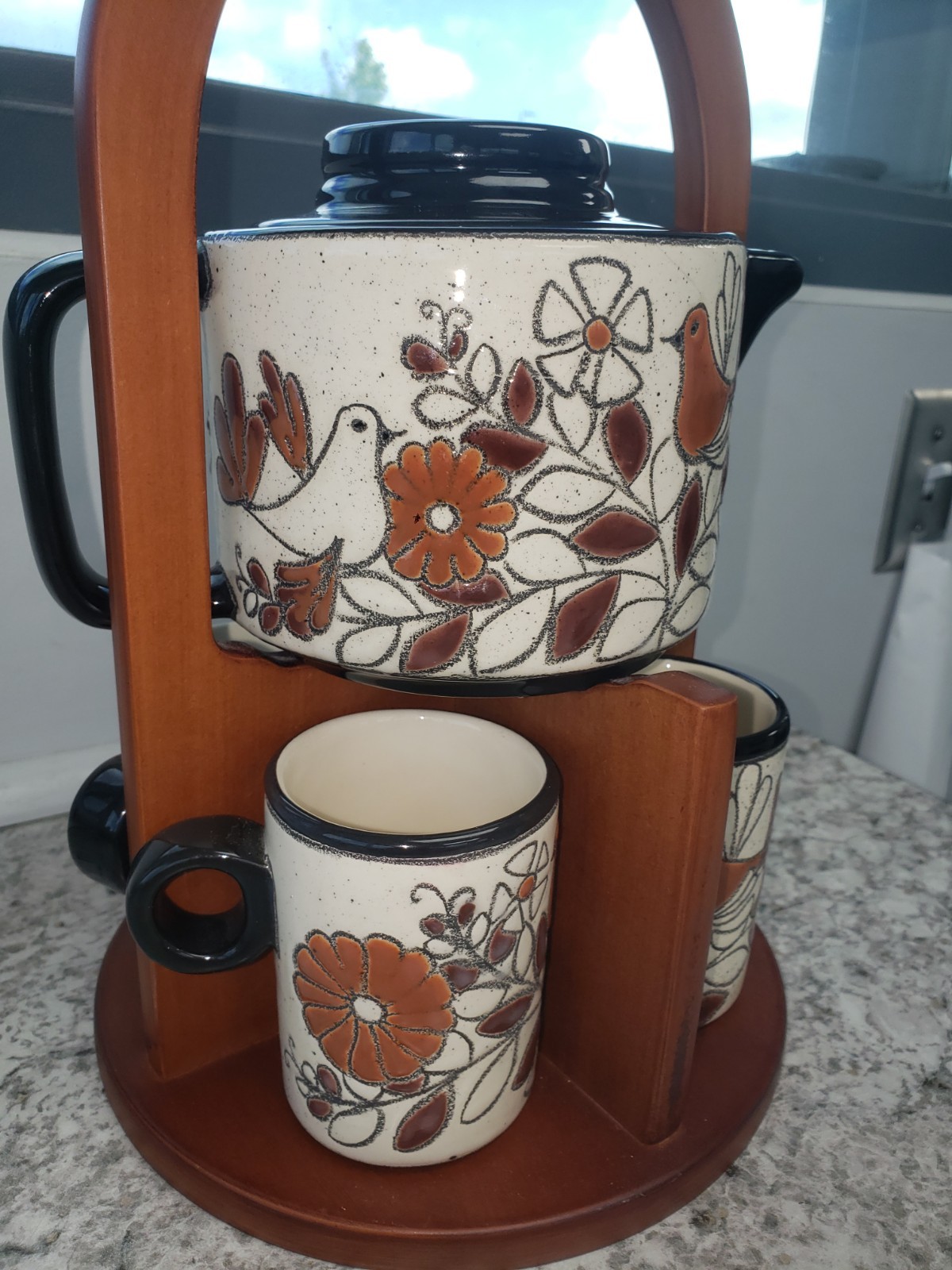 Vega By Artesa Coffee/ Tea Set With Wood Stand Handmade In Ecuador