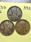 1911-D, 1912-D, 1913-D LINCOLN WHEAT CENT 3 COIN SET, VG condition, #333