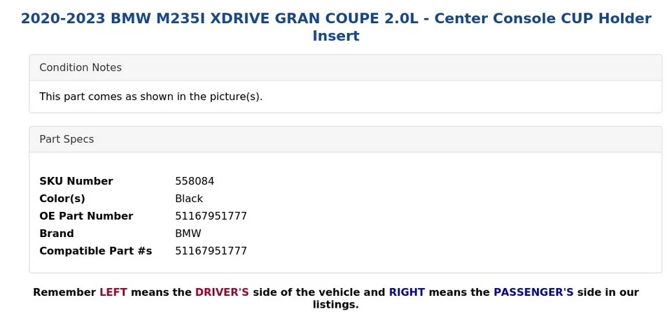 BMW M235I XDRIVE 2020-2023 gran cupé 2,0 L - consola central soporte taza inserto Foto 4 de 4