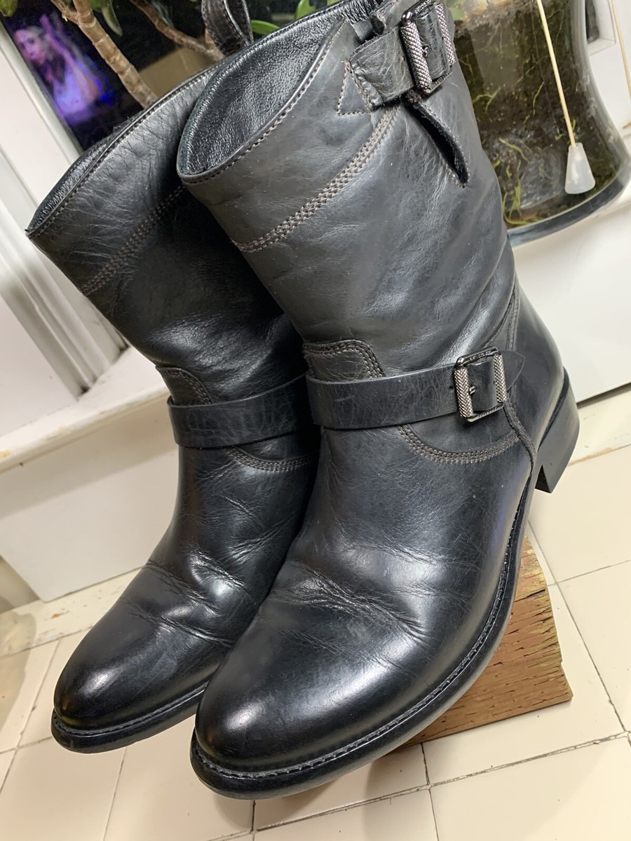 Belstaff Black Leather 2 Buckle Short Moto Biker Boots Engineer Mens EU 45 US 12 BELSTAFF Black DISTRESSED LEATHER SHORT Moto BIKER BOOTS  main image 3