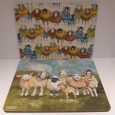 2x Emma Ball 11" Placemats Farm Sheep in Sweaters Art Cork Back Kitchen decor