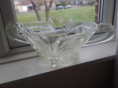 Large Antique Art Deco Brockwitz German Pressed Glass Serpent Fish Handled Bowl - Picture 7 of 7