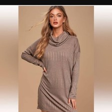 Lulus Sz Sm Morning Coffee Ribbed Long Sleeved Cowl Neck Sweater Dress Brown Tan