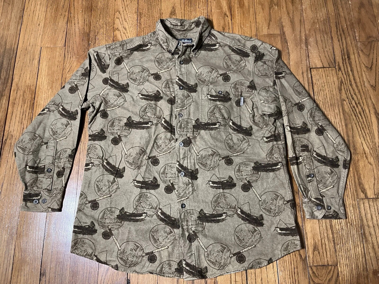 Woolrich Dark Wheat Fisherman Rugged Outdoor Wear Long Sleeve Fishing Shirt Sz L