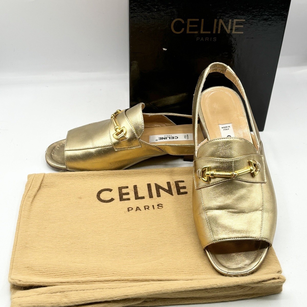 Auth CELINE Vintage Excellent Condition Sandals Gold Leather