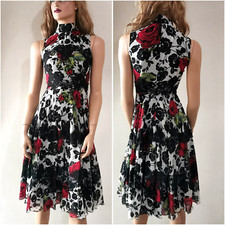 🆓US🛃FW2015 Dolce&Gabbana floral roses printed black lace trim silk dress IT 36