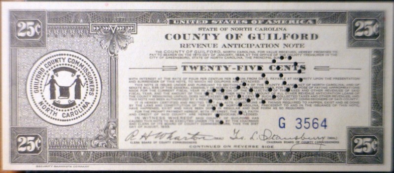 1933 CU + Obsolete .25 Fractional Guilford North Carolina Note Currency FREE SHP