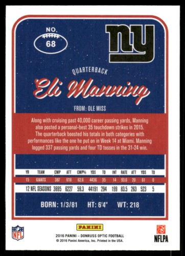Panini Donruss 2016 óptica #68 Eli Manning - Imagen 2 de 2