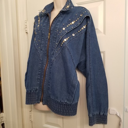 Broad Lapel Blue Denim Brass and Rhinestone Studded Jacket by Gabby & Claudia M - Picture 4 of 14