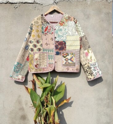 Indian Beige Patchwork Printed Cotton Quilted Jacket Unisex Party Wear Jacket US