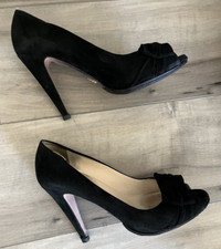 Prada Black Suede Open Toe Bow Pumps size 38-1/2 New Soles & Heel Taps