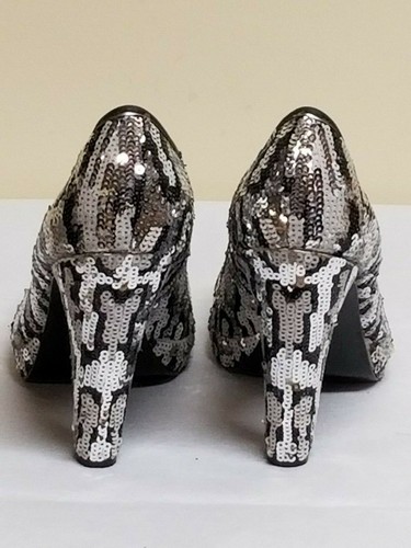 Coach gray, silver & black sequin peeped toe high heel shoes, size 8 B - Picture 3 of 7