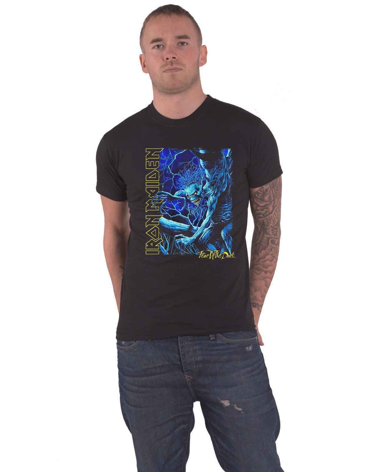 Iron Maiden Fear of the Dark Blue Tone Eddie Vertical Logo Men's Tee