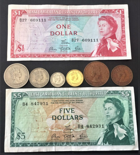 EAST CARIBBEAN CURRENCY, $5 & $1 BILLS, COINS, 50, 25, 10, 5, 2, 1 CENT, 1965  - Picture 1 of 14