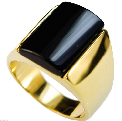 Black Onyx Sleek Smooth Dome Men's ring 18k gold overlay size 10 T65 - Picture 2 of 2