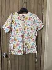 Disney Winnie The Pooh Pooh-fect Scrub Top Pink Blue Yellow Floral Tie Back Sm