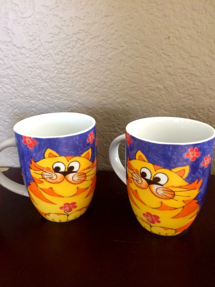 Juego de 4 tazas de porcelana naranja atigrado gato sobre azul de Konitz y 1 taza ¡Muy bonitas! Foto 4 de 4