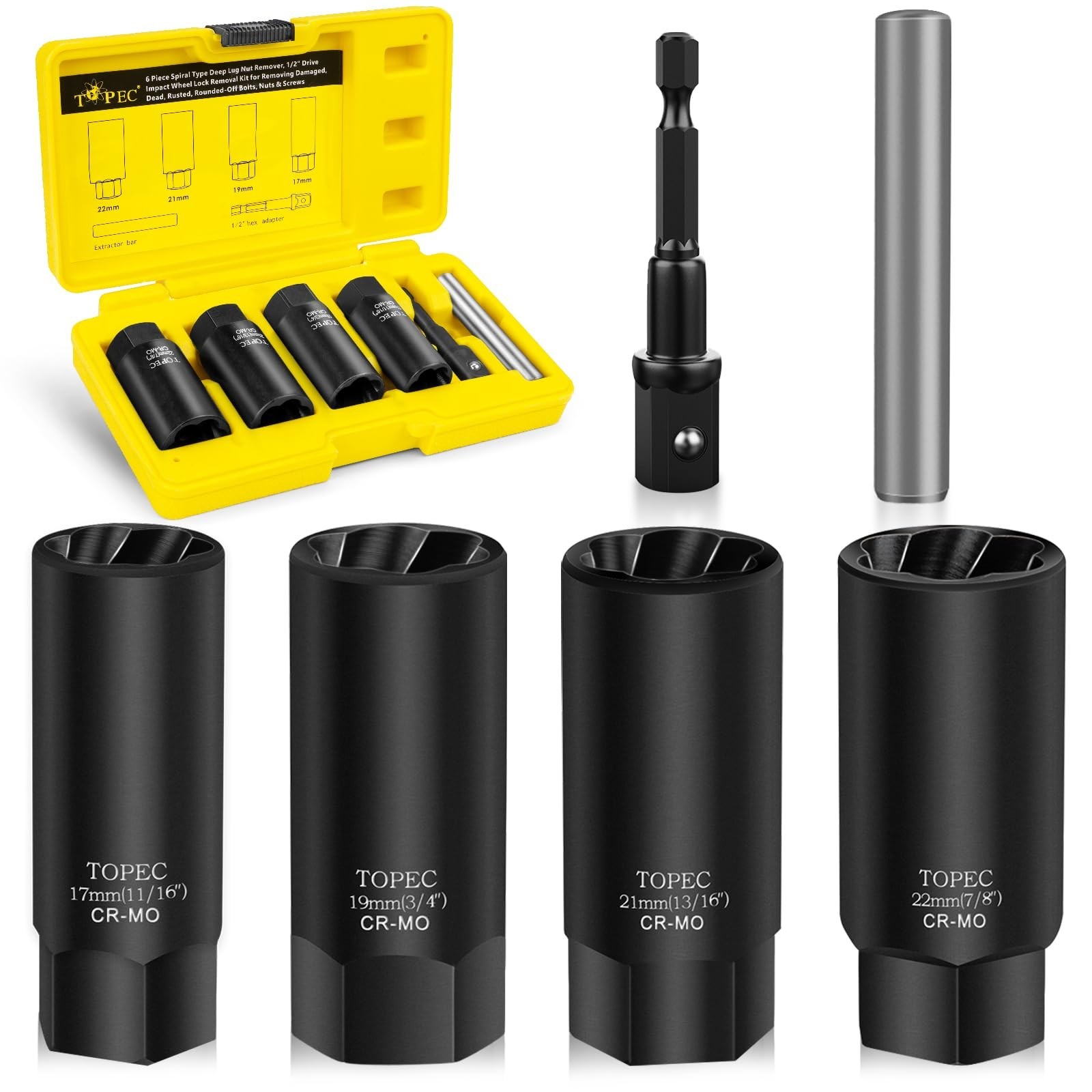 Topec 6PCS Deep Lug Nut Removal Tool, 1/2" Drive Lug Nut Extractor Set, 17-22...