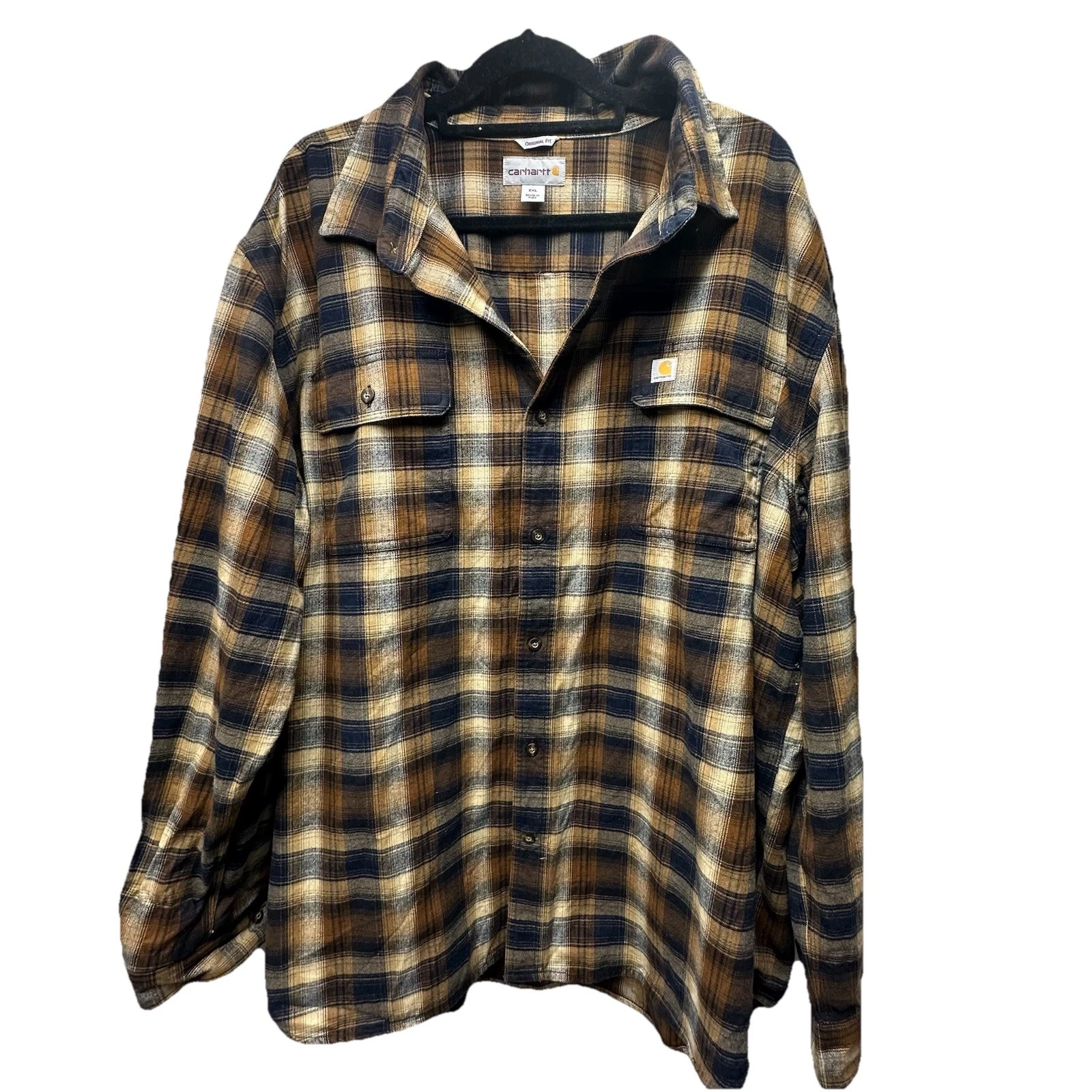 Carhartt Hubbard Plaid Flannel Shirt Mens 2XL Umber Original Fit Button Up