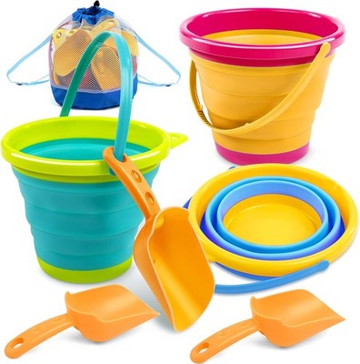 JOYIN 3er Set Faltbarer Eimer mit Schaufeln Netztasche Strandspielzeug