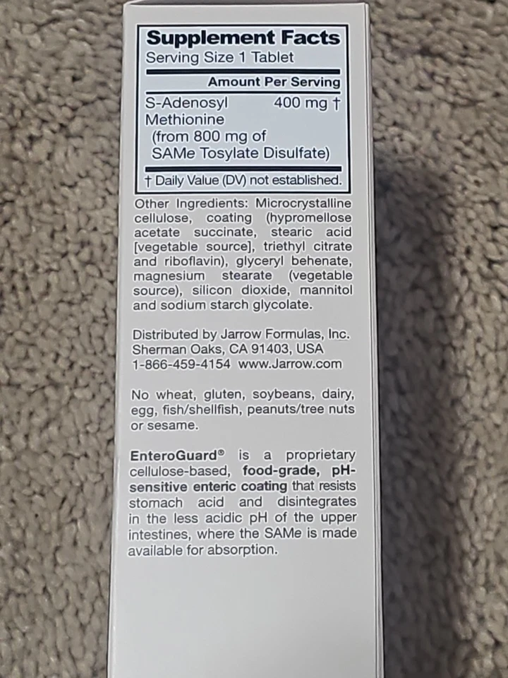 JARROW FORMULAS SAMe 400 SOPORTE ESTADO DE ÁNIMO EXTRA FUERZA 30 COMPRIMIDOS CADUCADO 10/2026 Foto 2 de 4