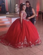 Red Ball Gown Dress with White Embroidery, Size S, Quincea era, Formal