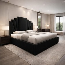 Image of Luxury Modern Bed Frame Upholstered Velvet High Headboard Bedroom All Colours