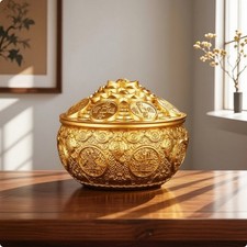 Lidded Treasure Bowl Golden-Hued Bowl with Lid Embossed for Altar