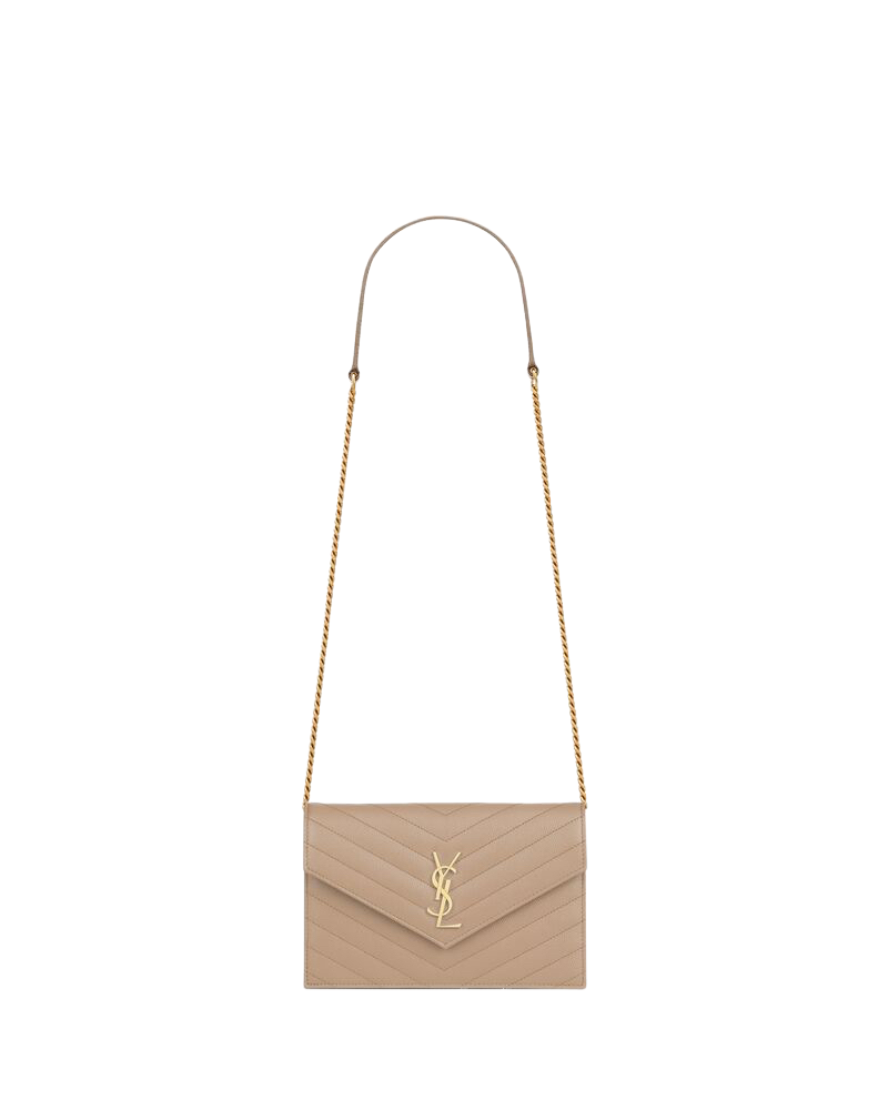 SAINT LAURENT Cassandre Envelope $1190 Dark Beige Chain Wallet New & Authentic