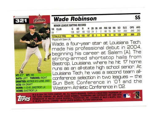 2005 Topps #321 Wade Robinson Houston Astros - Picture 2 of 2