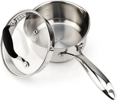 AVACRAFT Stainless Steel Saucepan with Glass Strainer Lid, Two Side Spouts for E