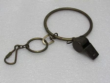 Vintage Police Security Brass Whistle with Wrist Ring and Clip  (V61JJ)
