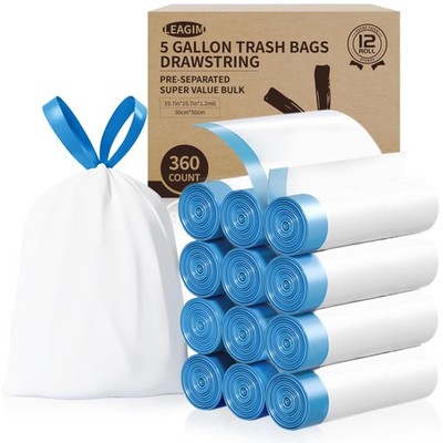 5 Gallon Trash Bags, 360 Count -1.2 Mil Drawstring Small Garbage Bags, White ...