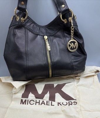 Michael Kors Moxley Black Gold Large Leather Bag Shoulder Purse Zippers L