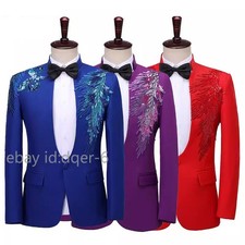 Men Slim Sequin Blazer Suit Jacket Coat One Button Performance Stage Party Coat
