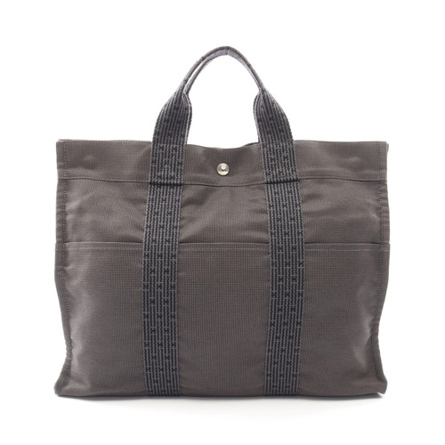 HERMES Herline MM Handbag Tote Bag Nylon Canvas Dark Gray Silver Hardware