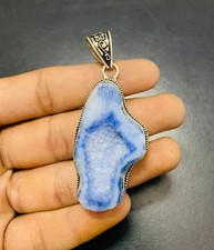 Blue Geode Druzy Gemstone 925 Sterling Silver Handmade Pendant Jewelry Gift For