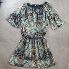 Boho Off Shoulder Dress Womens Blue Green Paisley Ruffle Sleeve Elastic Waist
