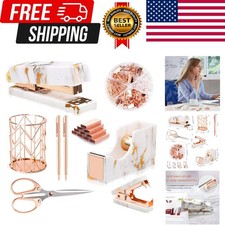 Rose Gold Marble Desk Accessories, Office Supplies Set Stapler Staple Remover...