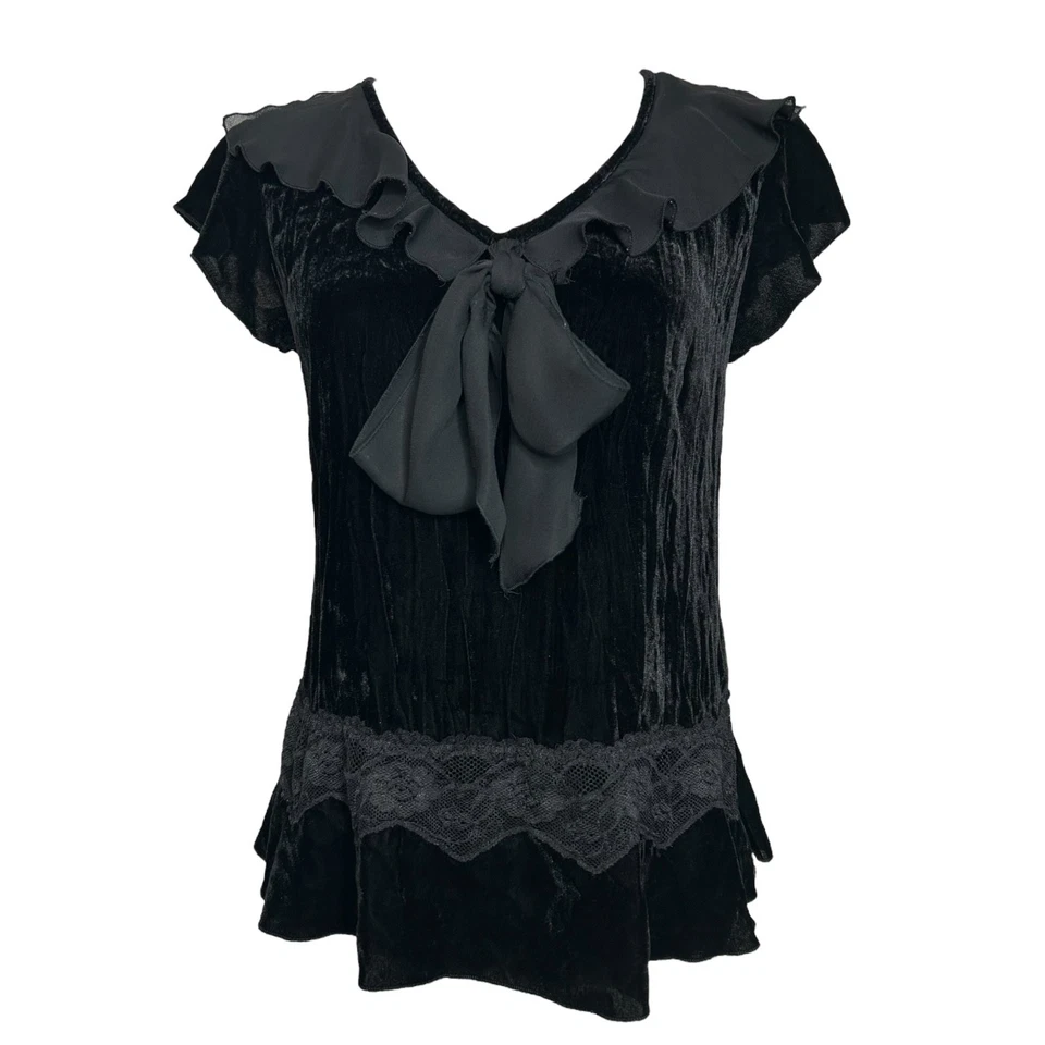 Sunny Leigh Velvet Top M Black Tie Neck Lace Trim Whimsigoth Romantic Blouse - Image 3 of 4