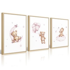 Teddy Bear Wall Art Set - 3 Framed Canvas Prints for Baby Girl's Nursery Pink